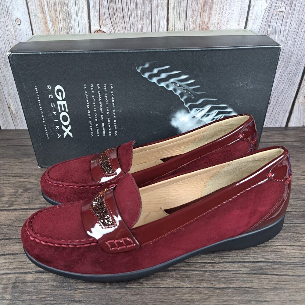Geox Respira Lione Patent Leather Suede Slip On Loafer Women's 8.5 Bordeaux NIB